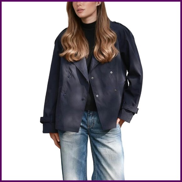 Lightweight Short Trench Coat with Faux Leather Collar & Drawstring Hem